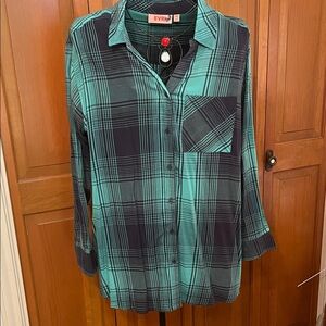 🥳🥳🥳BOGOHO 🥳🥳🥳Everly Teal and Navy Checkered Blouse-0X